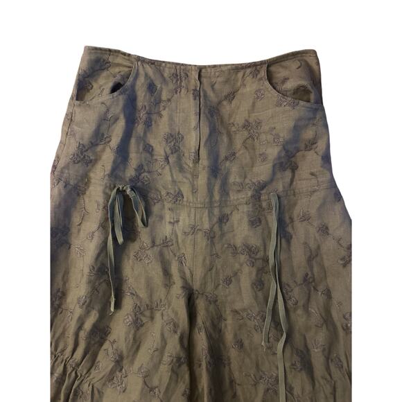Women 40 La Fee Maraboutee 100% Linen Embroidered Floral Green Skirt Lagenlook - Picture 2 of 6